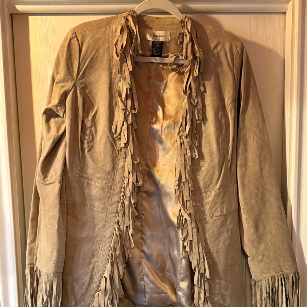 Neiman Marcus Tan Leather Jacket with Fringe